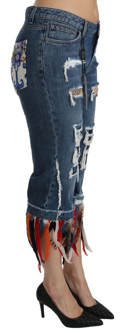 Dolce &amp; Gabbana Blaue, verkürzte Jeans aus Baumwolle mit niedriger Taille und Federn
