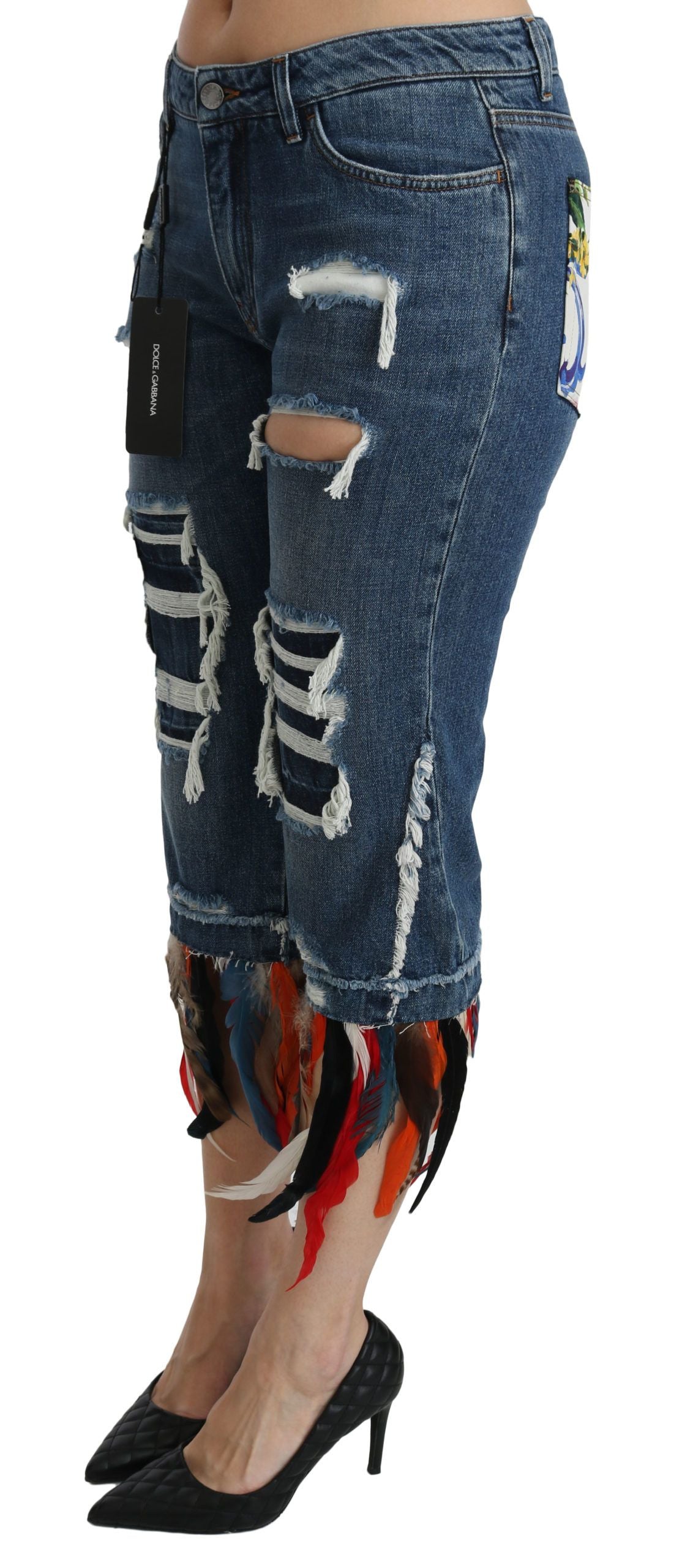 Dolce &amp; Gabbana Blaue, verkürzte Jeans aus Baumwolle mit niedriger Taille und Federn