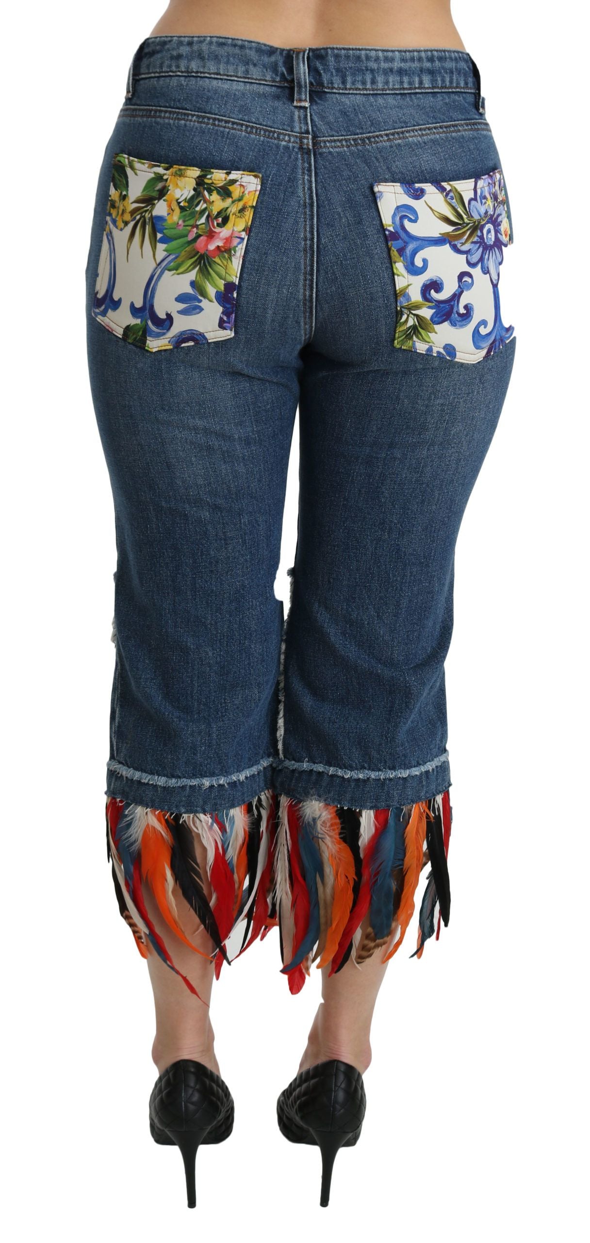 Dolce &amp; Gabbana Blaue, verkürzte Jeans aus Baumwolle mit niedriger Taille und Federn