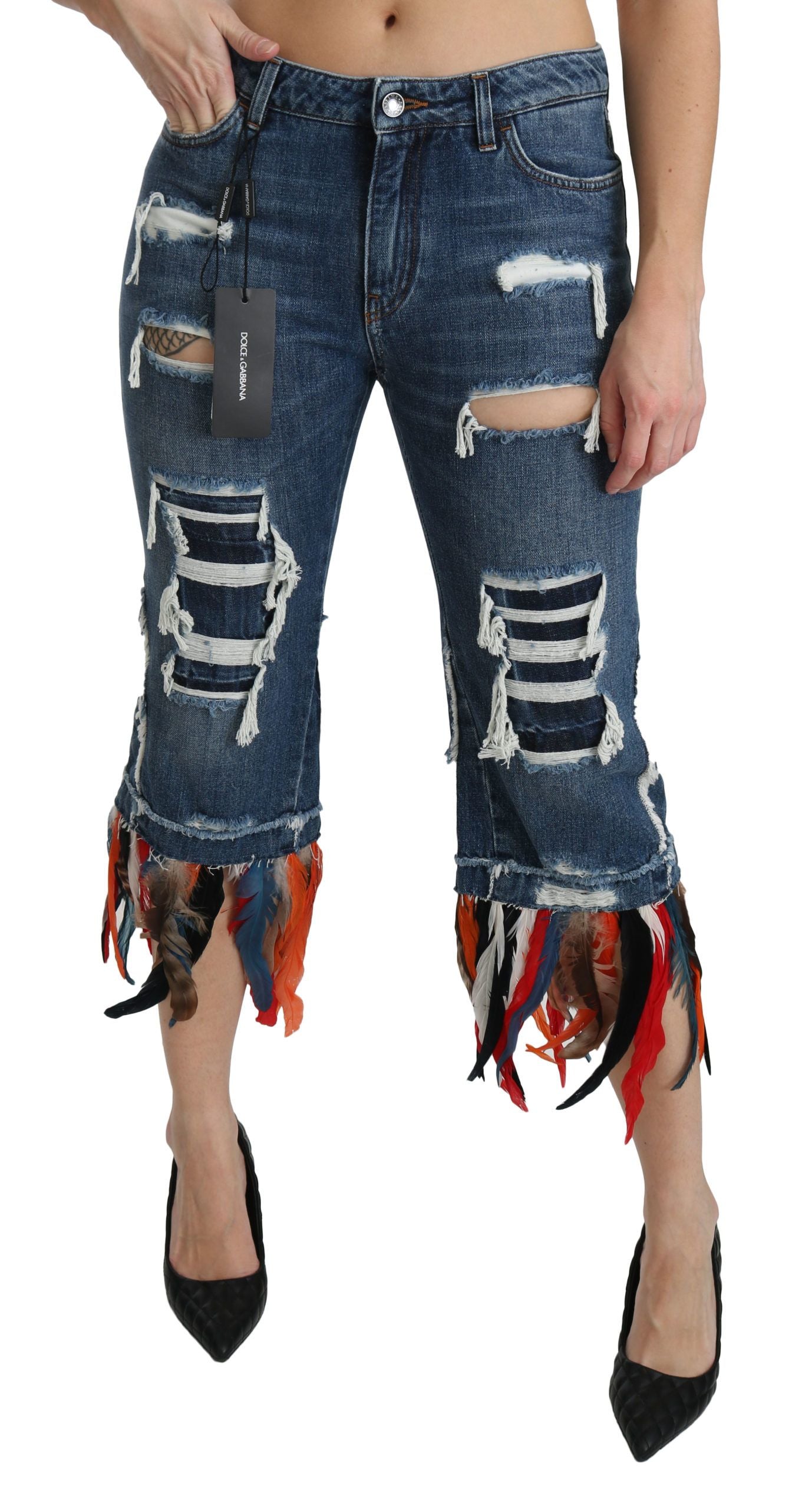 Dolce &amp; Gabbana Blaue, verkürzte Jeans aus Baumwolle mit niedriger Taille und Federn