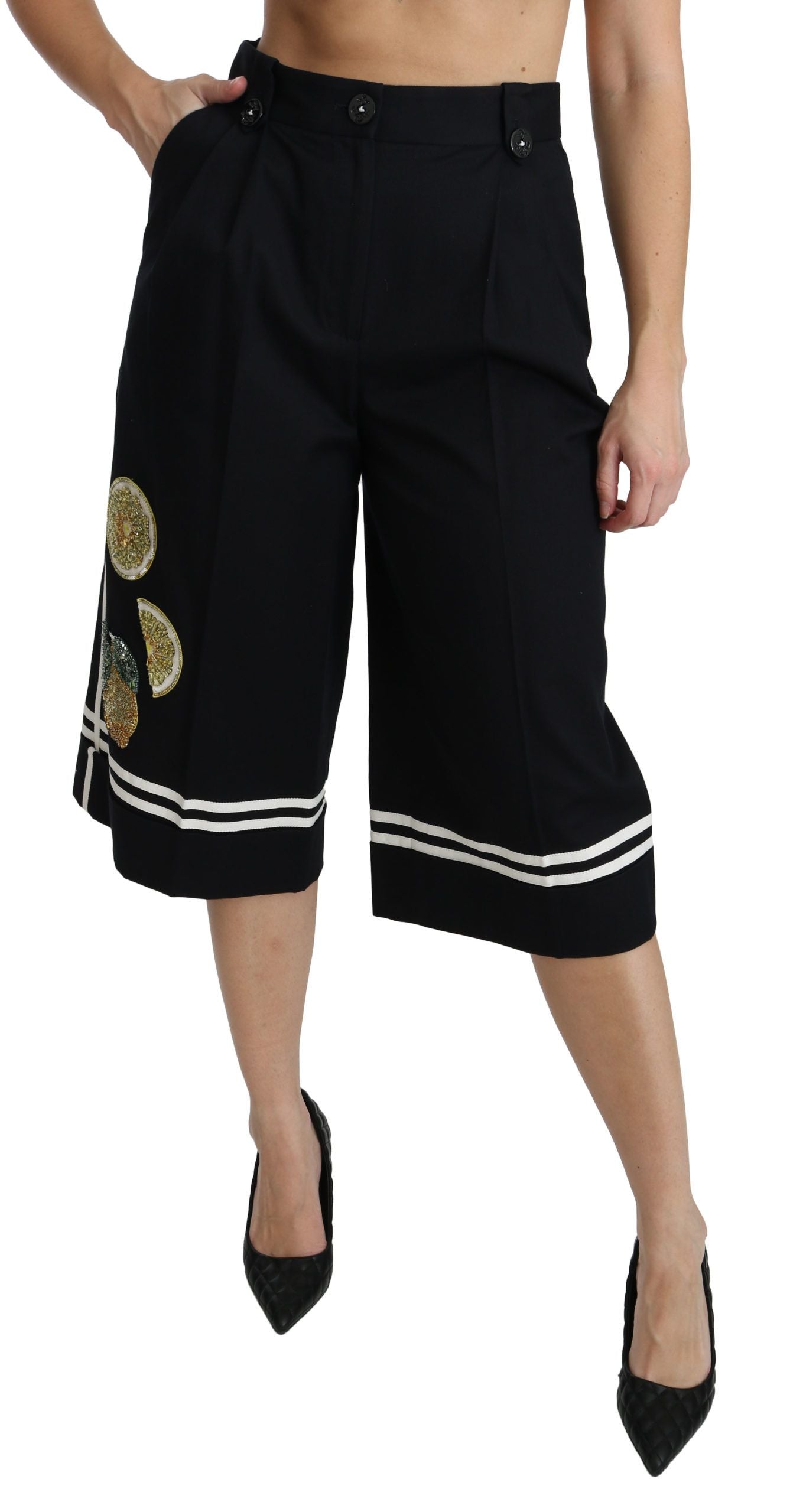 Dolce &amp; Gabbana – Schwarze Palazzo-Shorts mit Zitronenverzierung