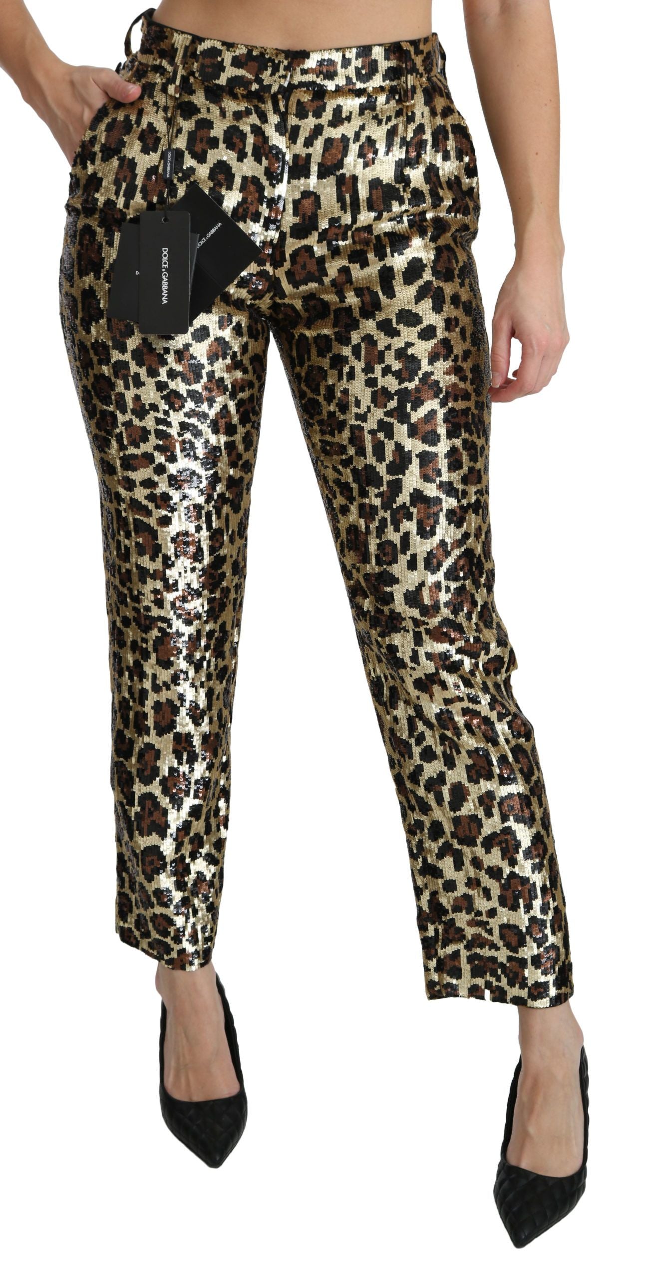 Dolce &amp; Gabbana – Braune Hose mit hoher Taille und Leopardenmuster und Pailletten
