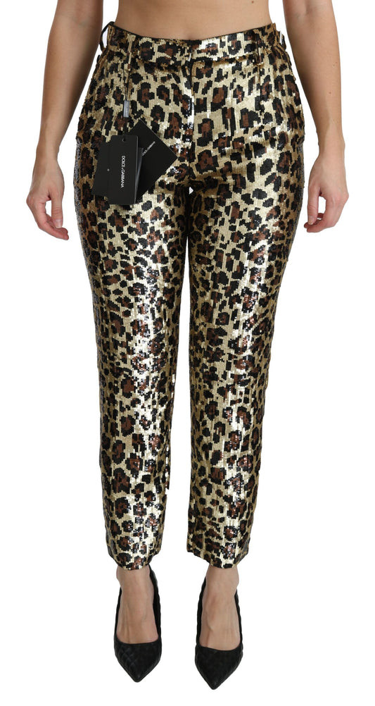 Dolce &amp; Gabbana – Braune Hose mit hoher Taille und Leopardenmuster und Pailletten
