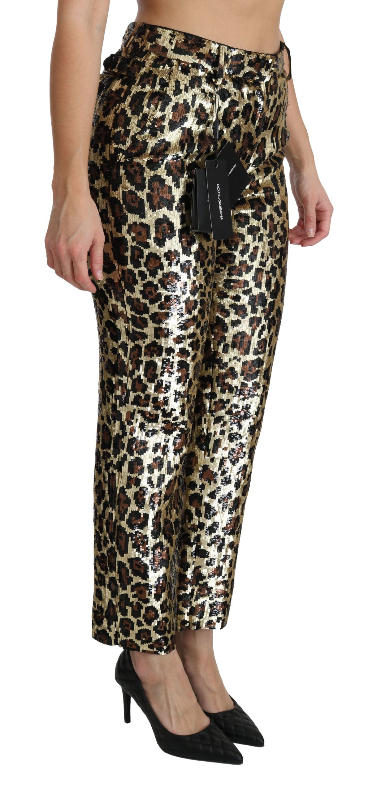 Dolce &amp; Gabbana – Braune Hose mit hoher Taille und Leopardenmuster und Pailletten