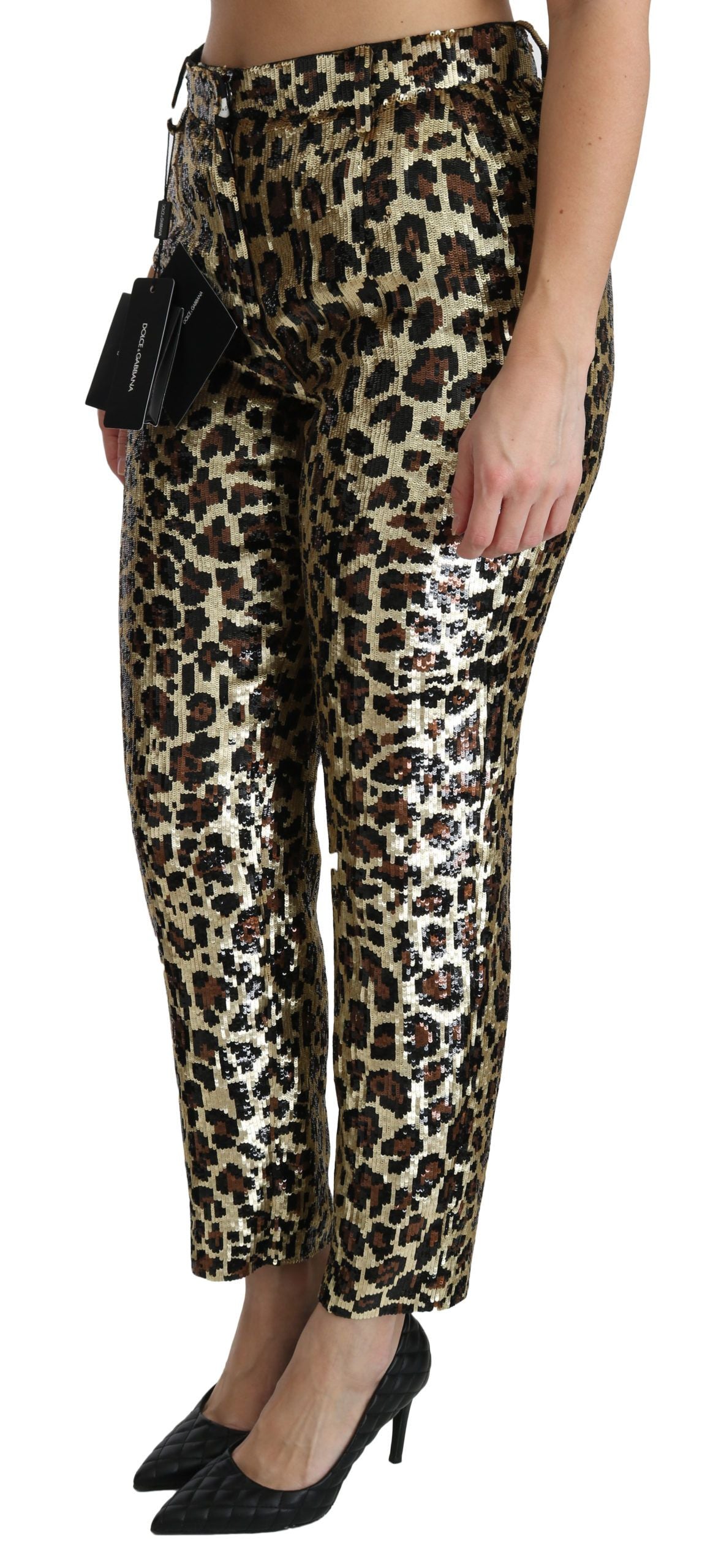 Dolce &amp; Gabbana – Braune Hose mit hoher Taille und Leopardenmuster und Pailletten