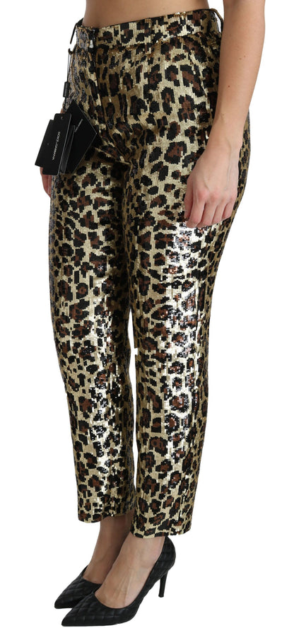 Dolce &amp; Gabbana – Braune Hose mit hoher Taille und Leopardenmuster und Pailletten