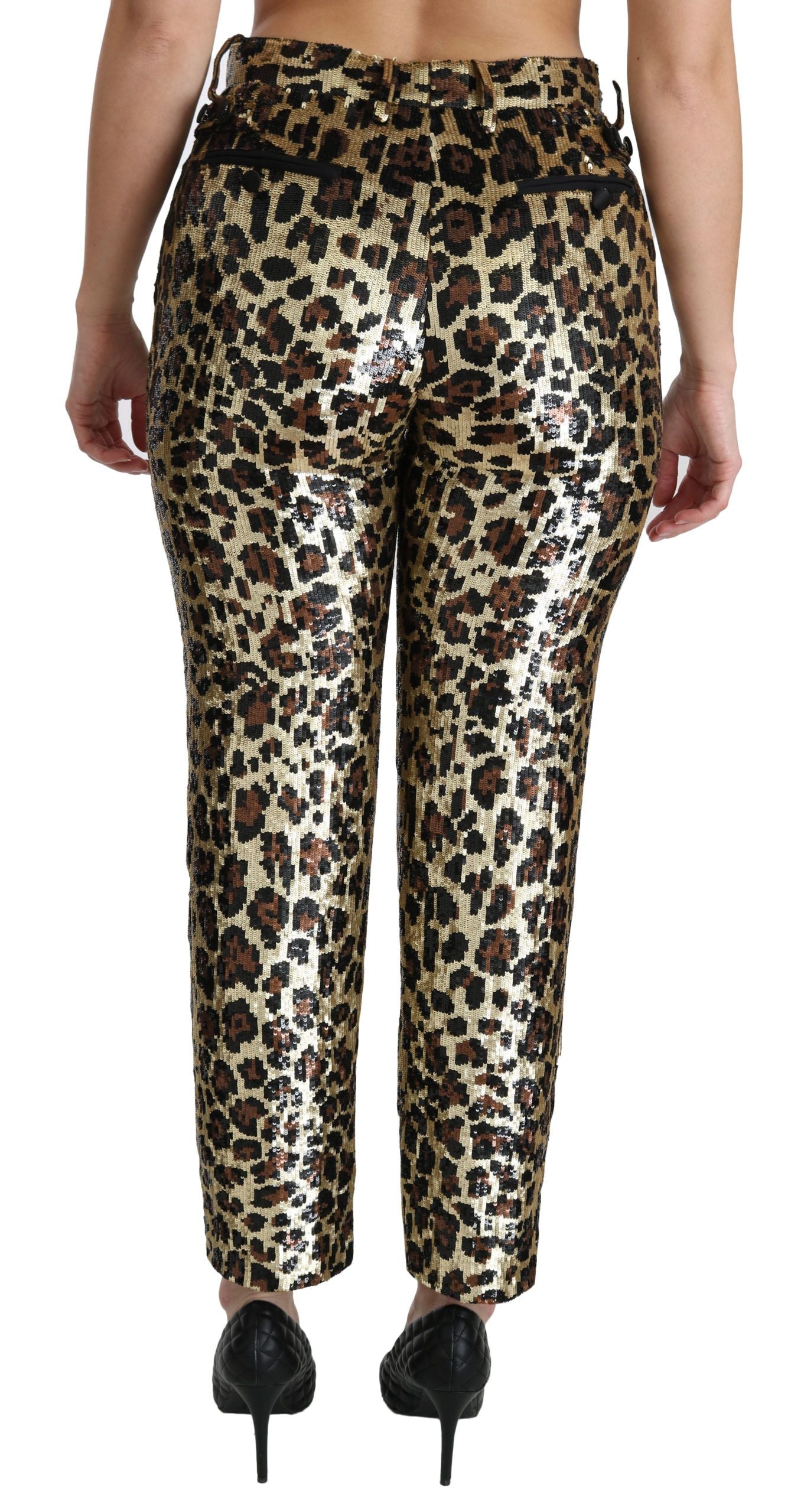 Dolce &amp; Gabbana – Braune Hose mit hoher Taille und Leopardenmuster und Pailletten