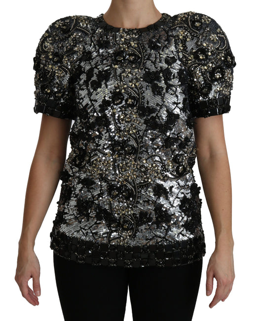 Dolce &amp; Gabbana – Schwarze Bluse mit Pailletten und Kristallverzierung