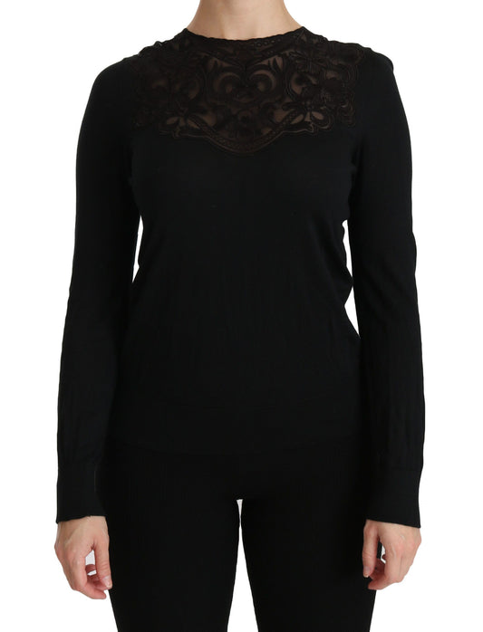 Dolce &amp; Gabbana – Schwarze Bluse mit Rundhalsausschnitt und langen Ärmeln aus Seidenspitze