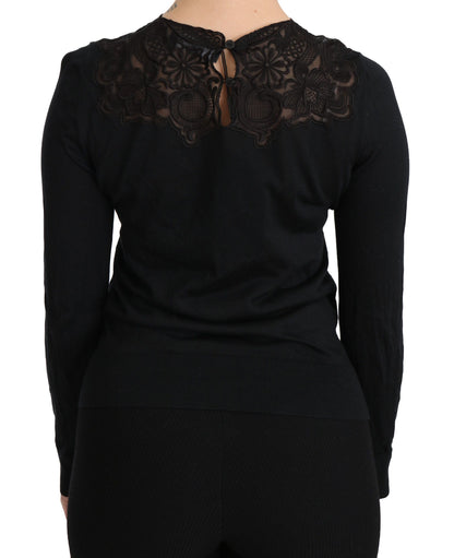 Dolce &amp; Gabbana – Schwarze Bluse mit Rundhalsausschnitt und langen Ärmeln aus Seidenspitze