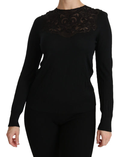 Dolce &amp; Gabbana – Schwarze Bluse mit Rundhalsausschnitt und langen Ärmeln aus Seidenspitze