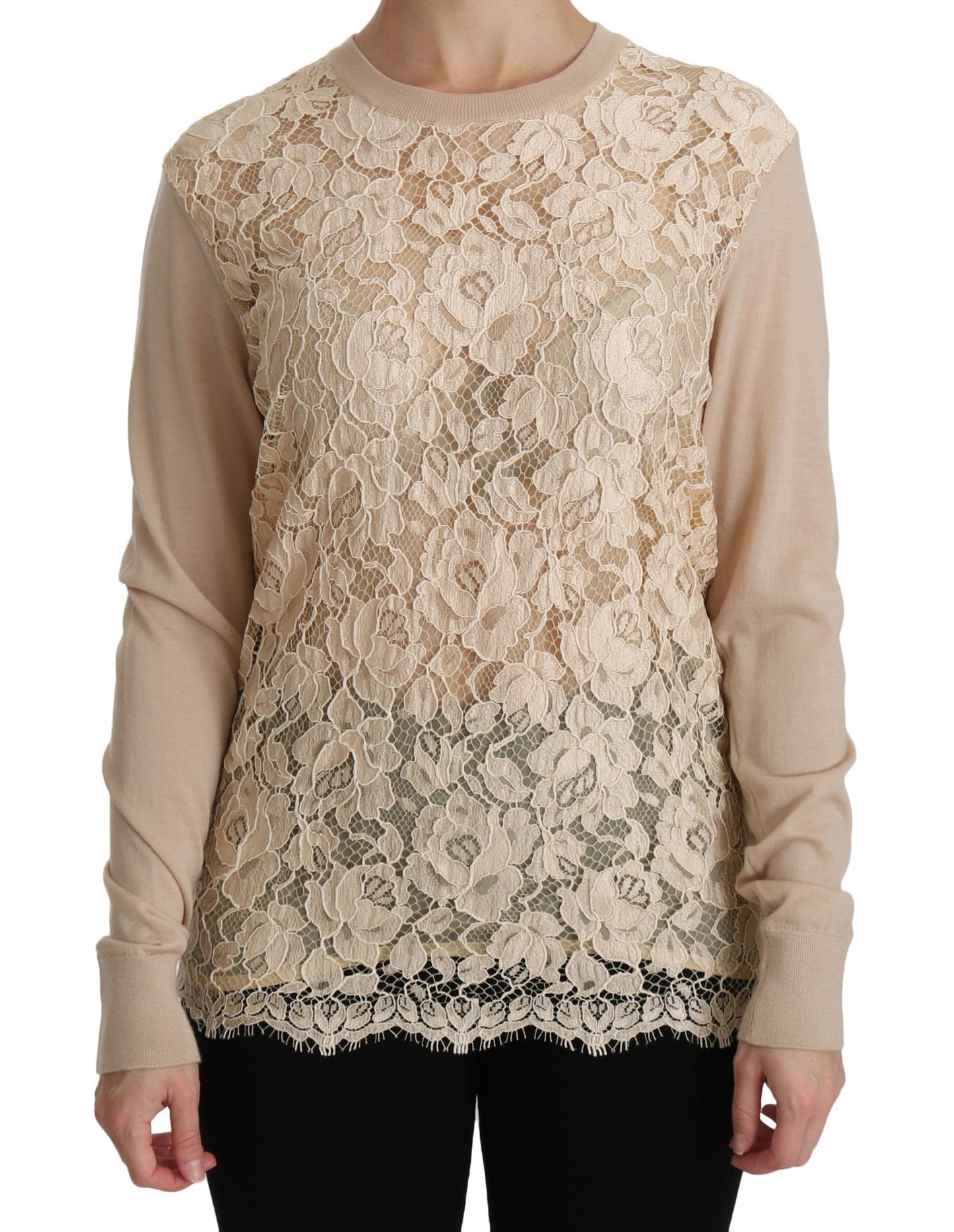 Dolce &amp; Gabbana Beige Langarm-Spitzenoberteil Kaschmirbluse