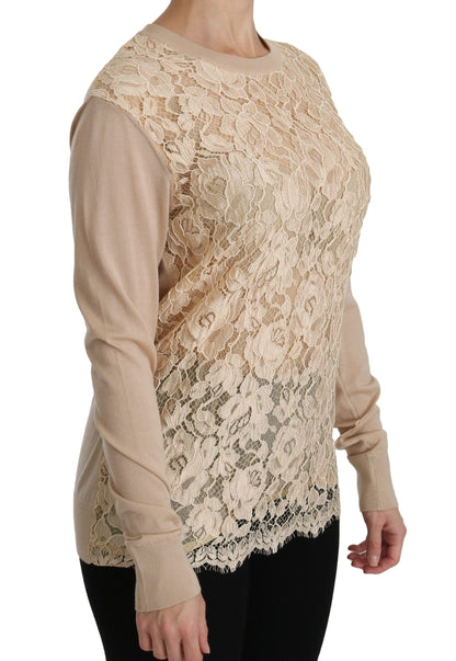 Dolce &amp; Gabbana Beige Langarm-Spitzenoberteil Kaschmirbluse