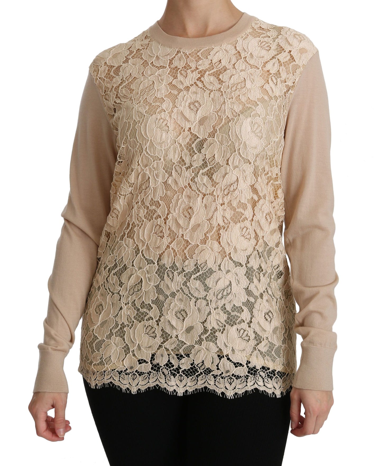 Dolce &amp; Gabbana Beige Langarm-Spitzenoberteil Kaschmirbluse