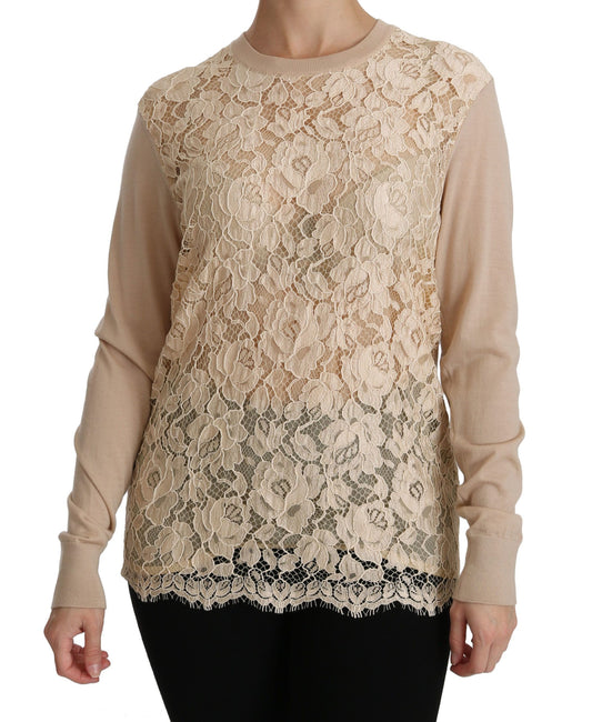 Dolce &amp; Gabbana Beige Langarm-Spitzenoberteil Kaschmirbluse