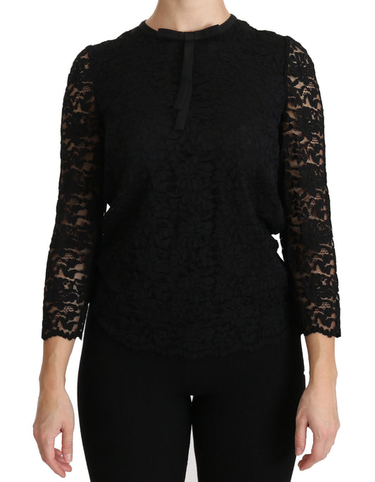 Dolce &amp; Gabbana – Schwarze, langärmlige Nylonbluse mit Spitze