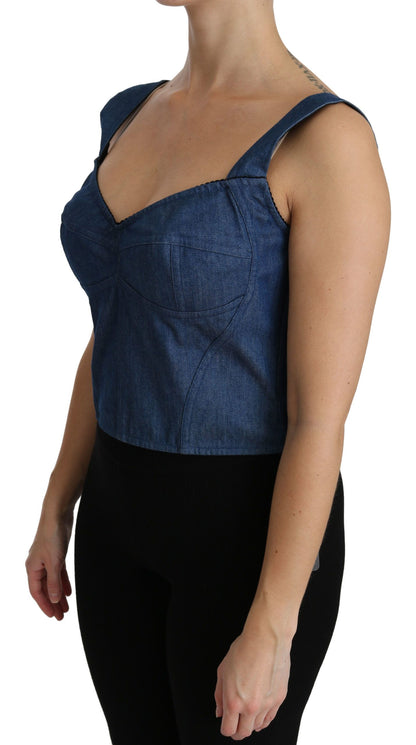 Dolce &amp; Gabbana Blaues ärmelloses Bustier-Bluse-Baumwolltop