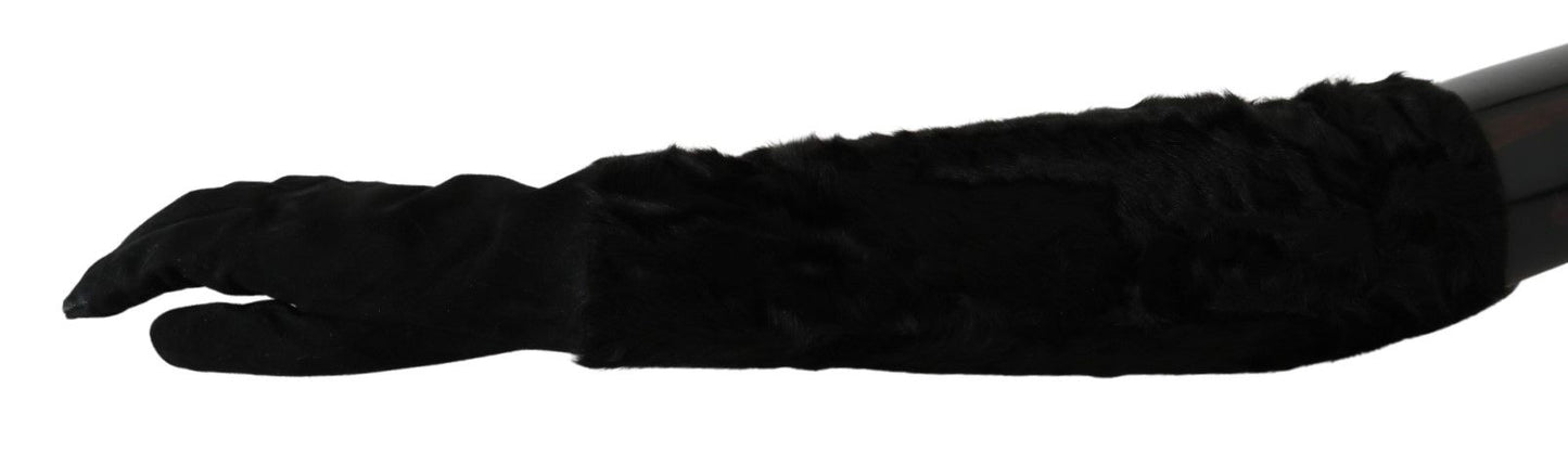 Dolce &amp; Gabbana – Schwarze, ellenbogenlange Fäustlinge aus Wildleder und Pelz