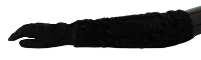 Dolce &amp; Gabbana – Schwarze, ellenbogenlange Fäustlinge aus Wildleder und Pelz