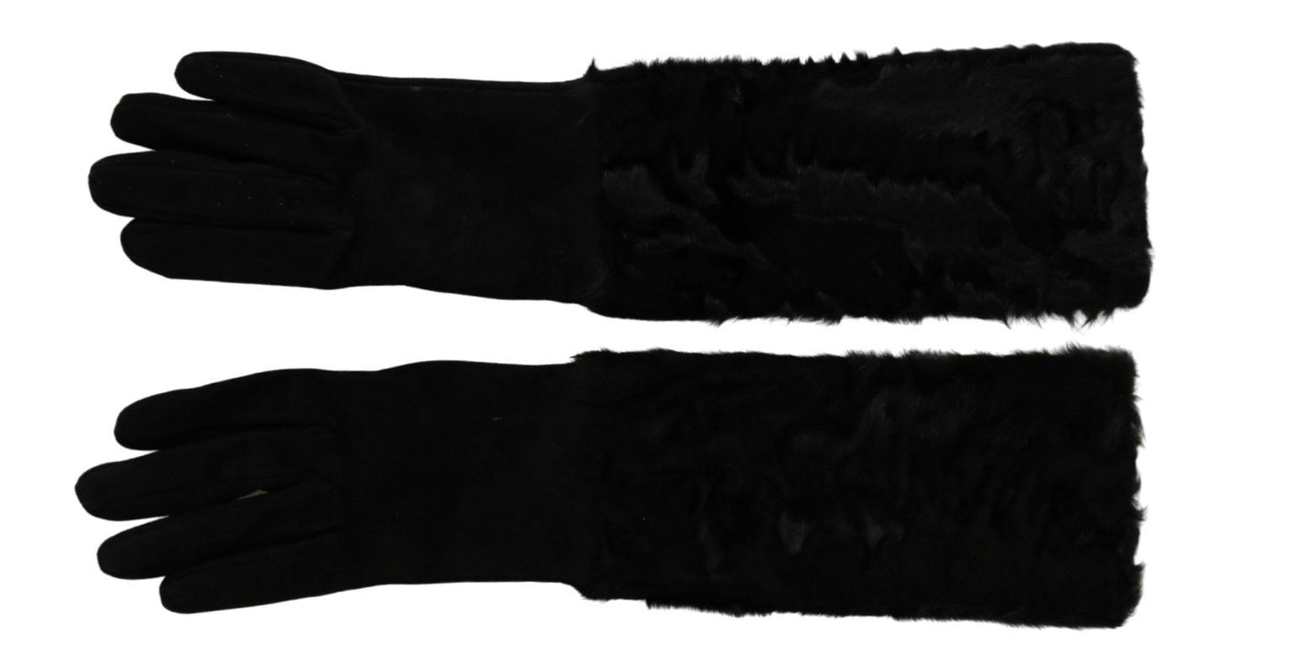 Dolce &amp; Gabbana – Schwarze, ellenbogenlange Fäustlinge aus Wildleder und Pelz