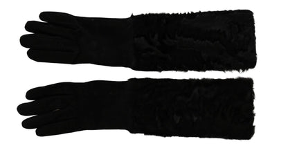Dolce &amp; Gabbana – Schwarze, ellenbogenlange Fäustlinge aus Wildleder und Pelz