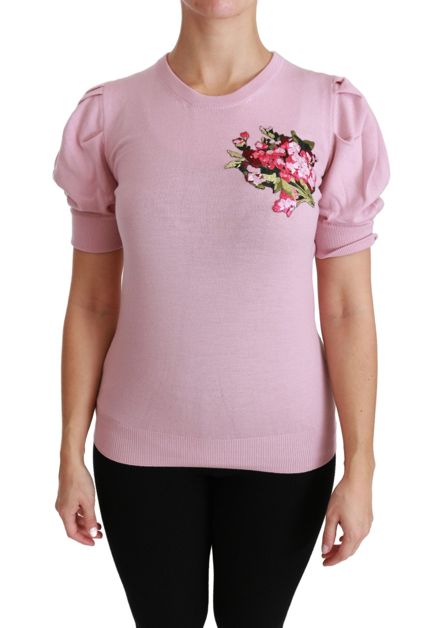 Dolce &amp; Gabbana – Bluse aus Wolle mit rosa Blumenstickerei
