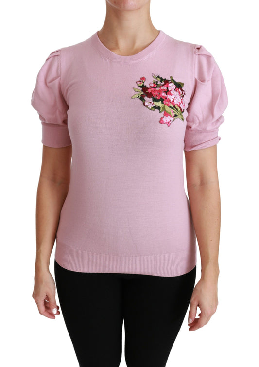 Dolce &amp; Gabbana – Bluse aus Wolle mit rosa Blumenstickerei