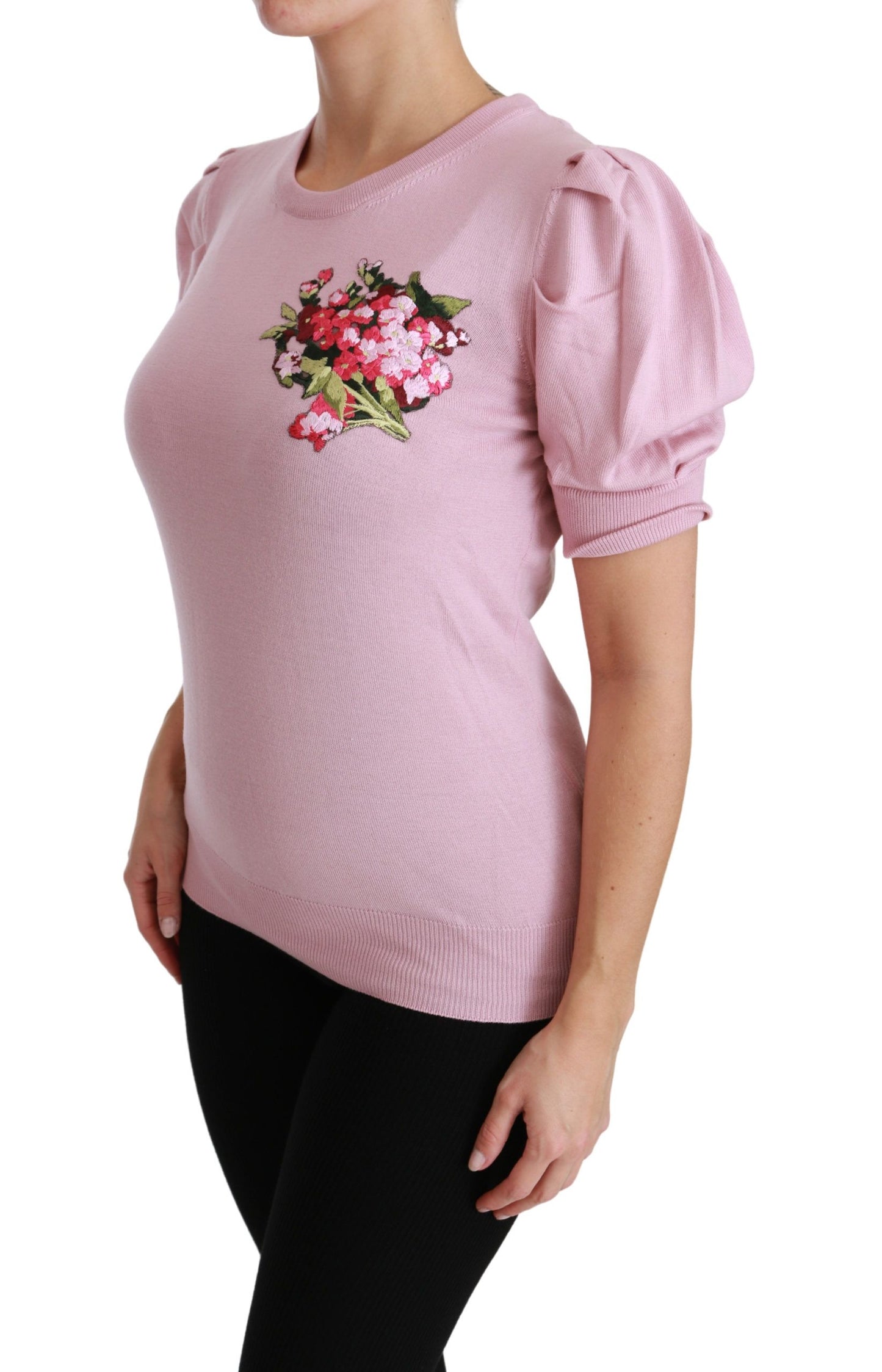 Dolce &amp; Gabbana – Bluse aus Wolle mit rosa Blumenstickerei
