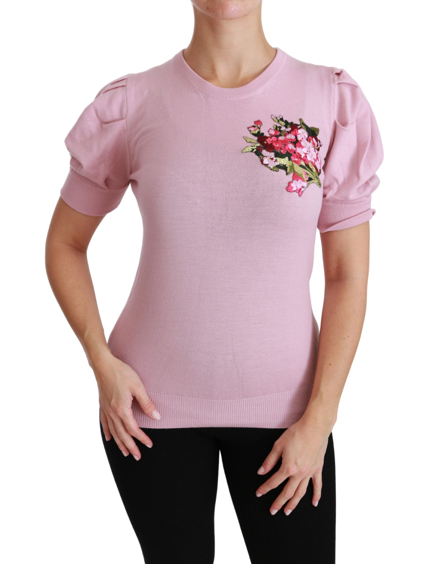 Dolce &amp; Gabbana – Bluse aus Wolle mit rosa Blumenstickerei