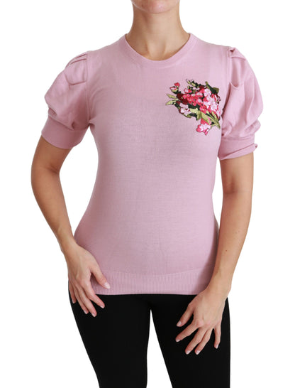 Dolce &amp; Gabbana – Bluse aus Wolle mit rosa Blumenstickerei