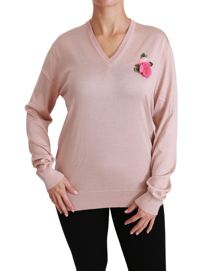 Dolce &amp; Gabbana – Seidenpullover mit rosa Blumenverzierung