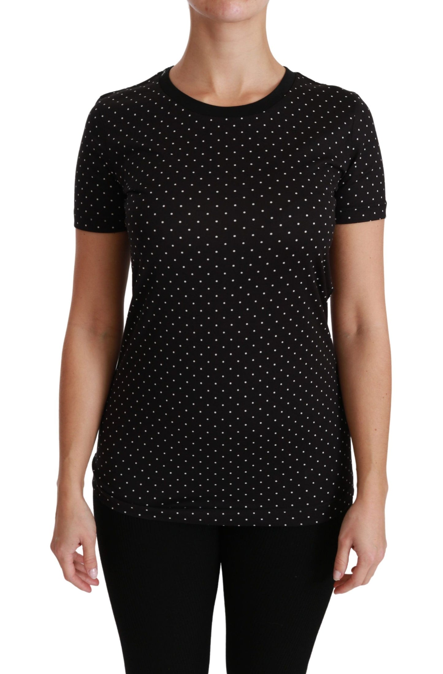 Dolce &amp; Gabbana – Schwarzes T-Shirt aus gepunkteter Baumwolle mit Rundhalsausschnitt