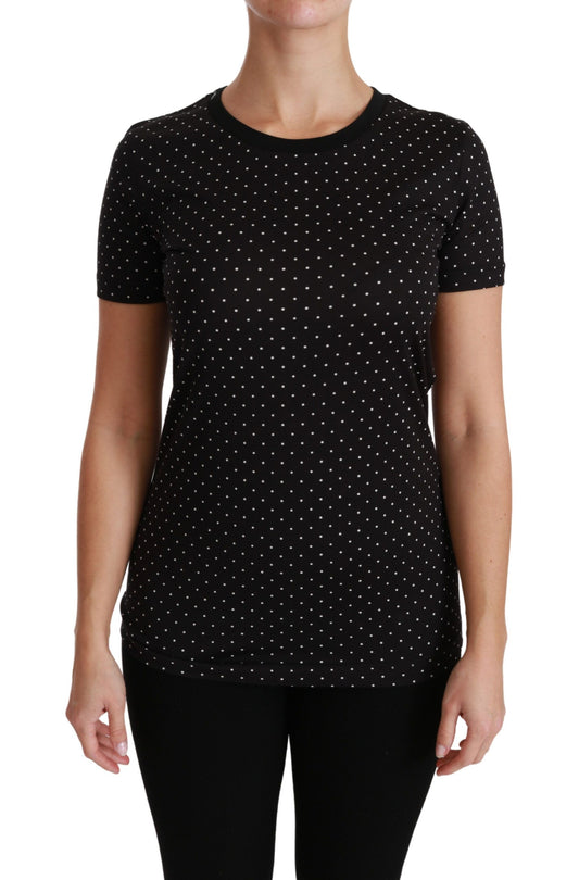 Dolce &amp; Gabbana – Schwarzes T-Shirt aus gepunkteter Baumwolle mit Rundhalsausschnitt