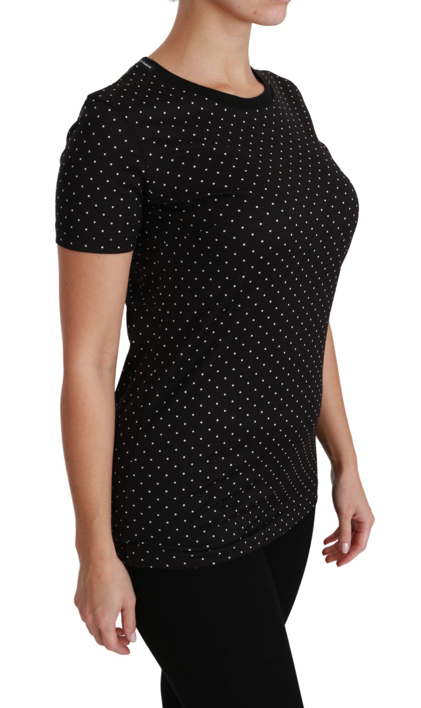 Dolce &amp; Gabbana – Schwarzes T-Shirt aus gepunkteter Baumwolle mit Rundhalsausschnitt