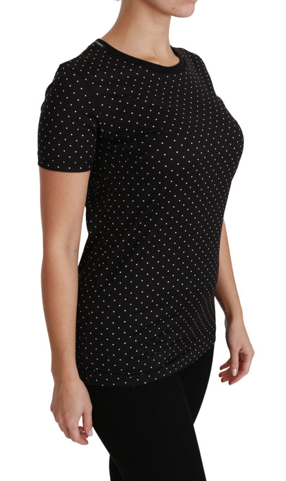 Dolce &amp; Gabbana – Schwarzes T-Shirt aus gepunkteter Baumwolle mit Rundhalsausschnitt