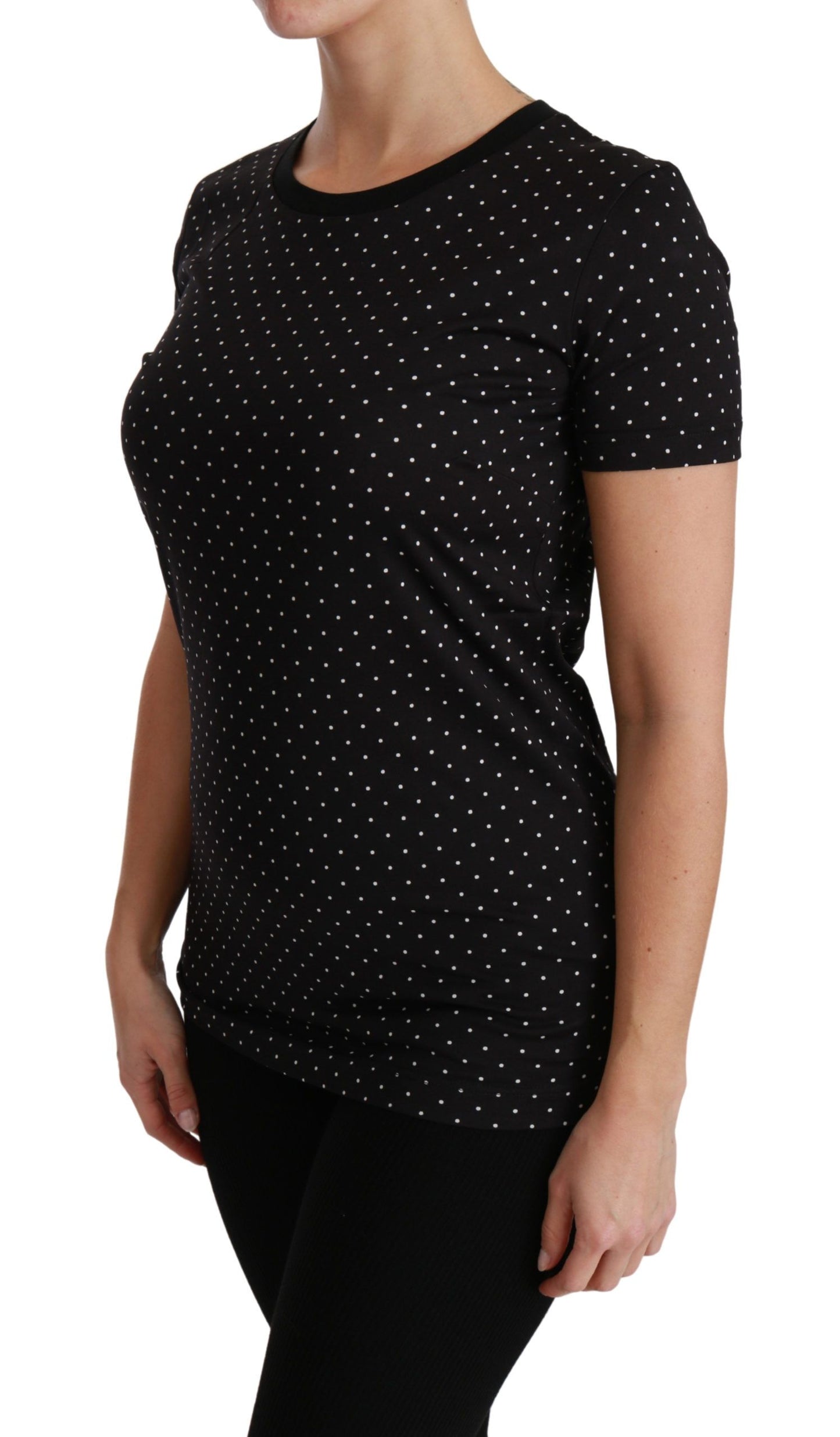 Dolce &amp; Gabbana – Schwarzes T-Shirt aus gepunkteter Baumwolle mit Rundhalsausschnitt