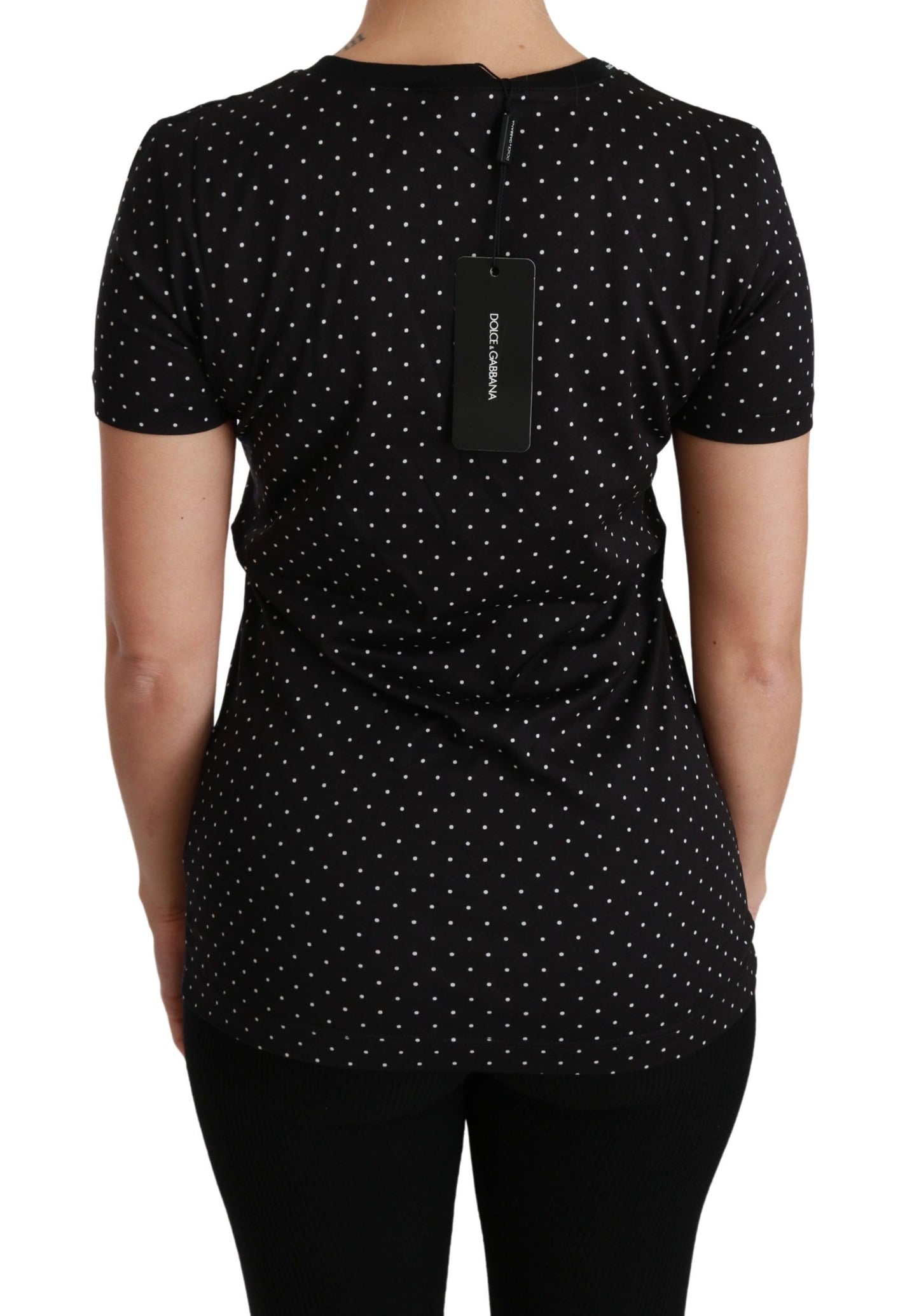 Dolce &amp; Gabbana – Schwarzes T-Shirt aus gepunkteter Baumwolle mit Rundhalsausschnitt