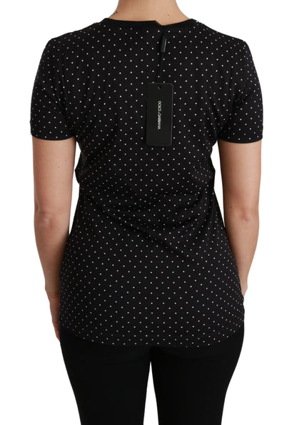 Dolce &amp; Gabbana – Schwarzes T-Shirt aus gepunkteter Baumwolle mit Rundhalsausschnitt