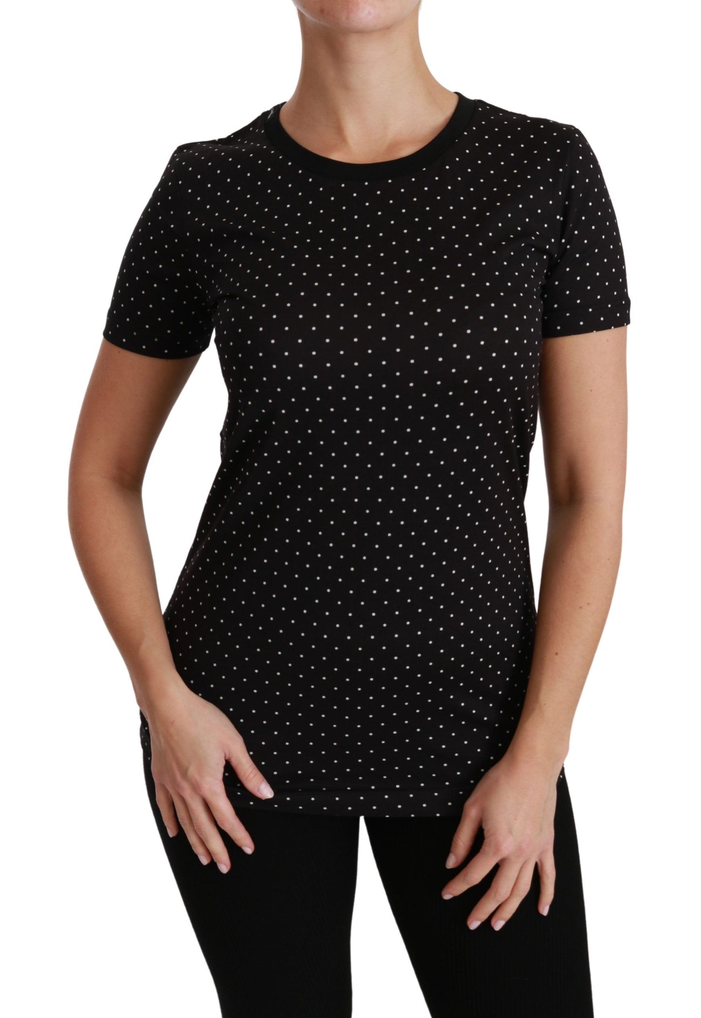 Dolce &amp; Gabbana – Schwarzes T-Shirt aus gepunkteter Baumwolle mit Rundhalsausschnitt