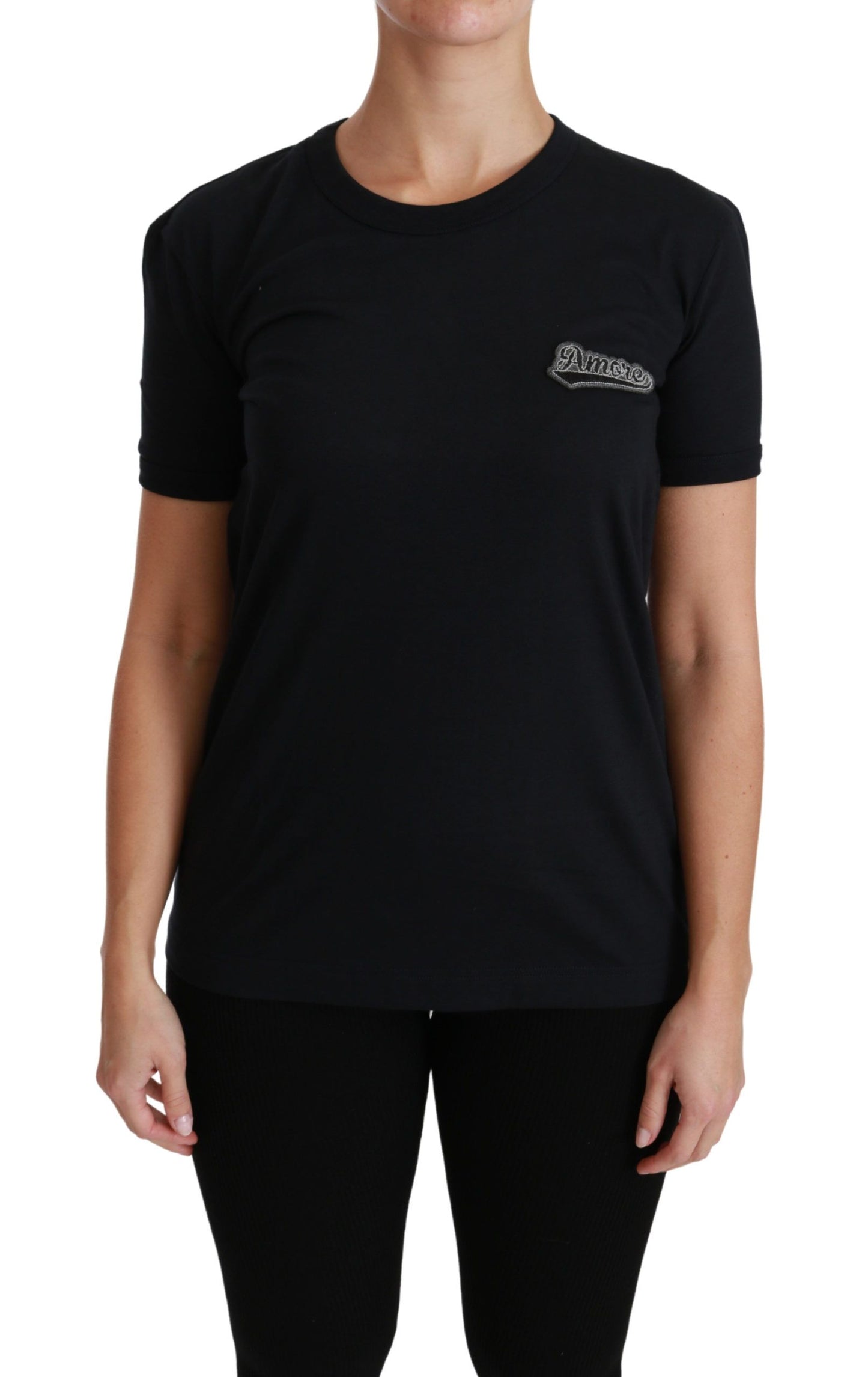 Dolce &amp; Gabbana – Blaues T-Shirt mit Rundhalsausschnitt und Amore-Patch aus Baumwolle