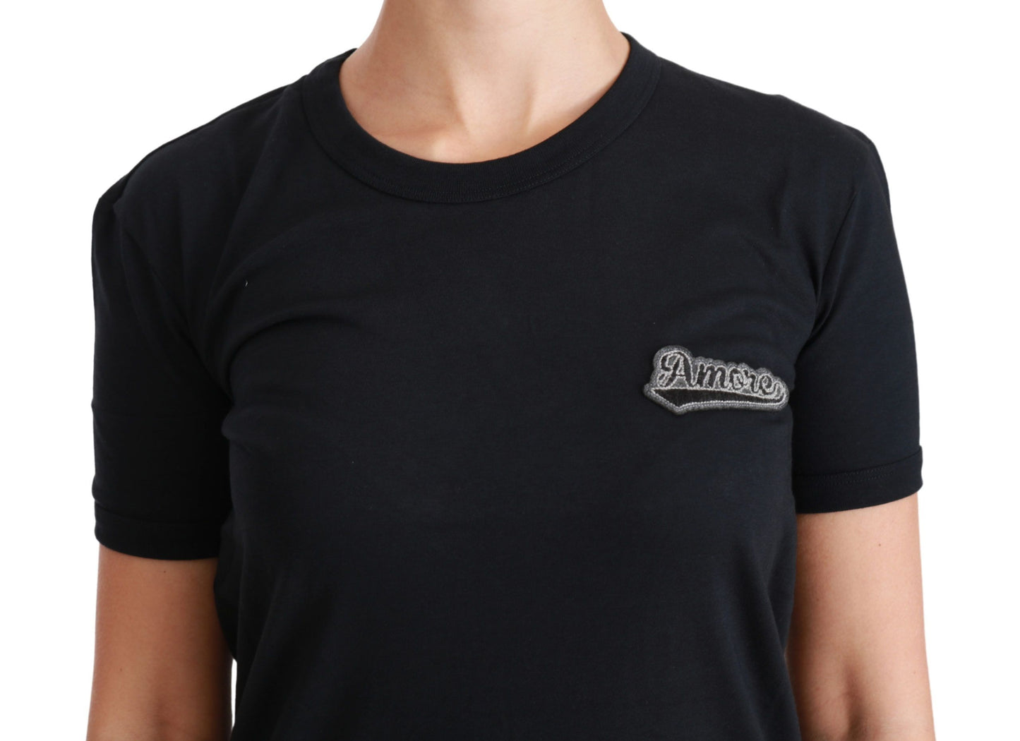 Dolce &amp; Gabbana – Blaues T-Shirt mit Rundhalsausschnitt und Amore-Patch aus Baumwolle