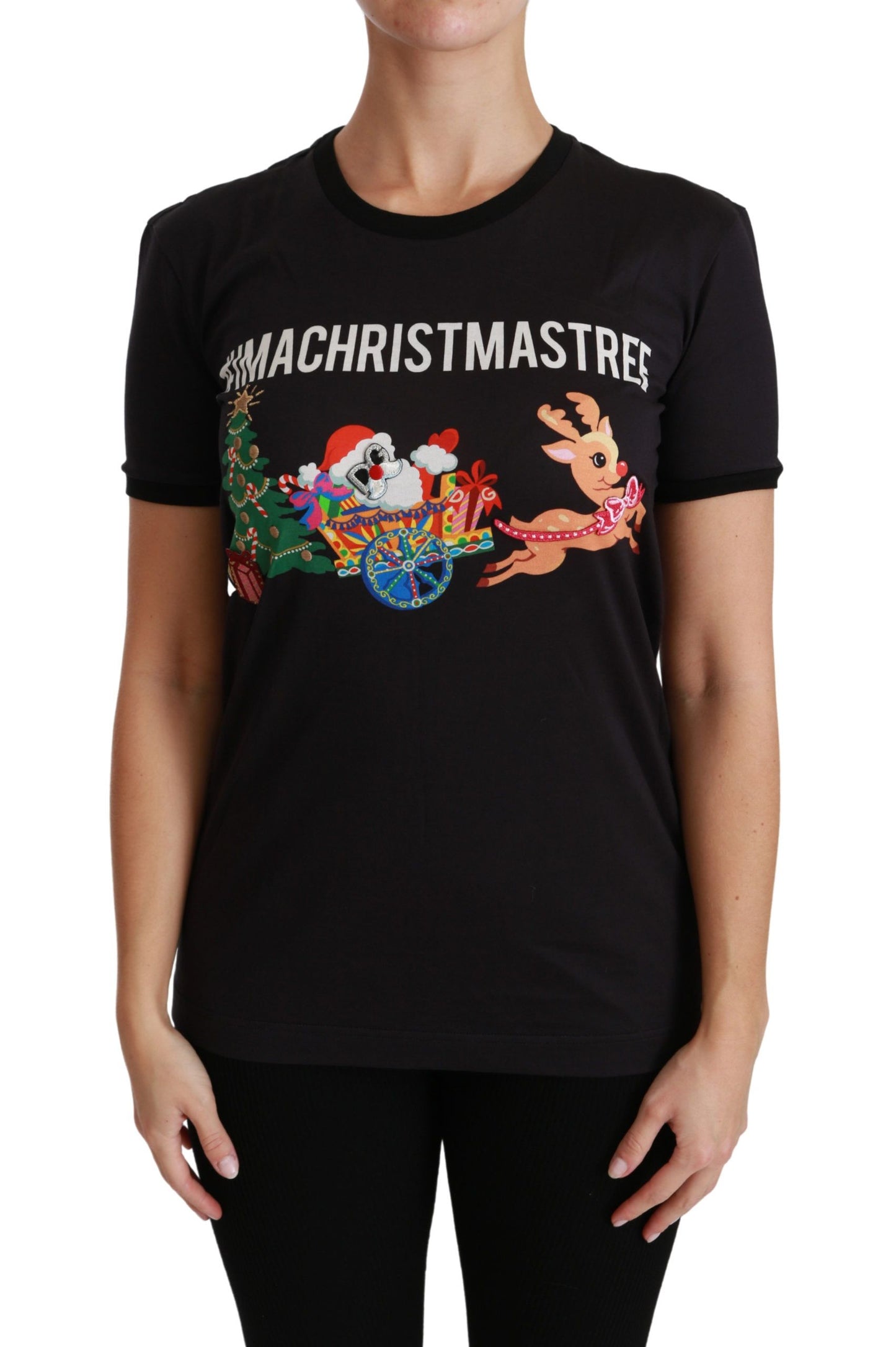 Dolce &amp; Gabbana – Schwarzes T-Shirt mit Rundhalsausschnitt „#ImAChristmasTree“