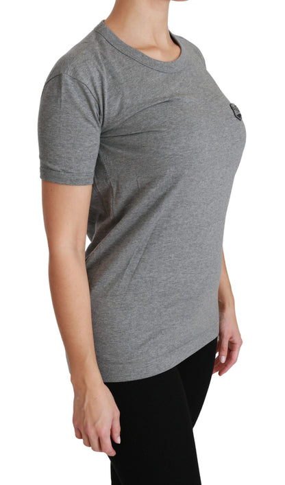 Dolce &amp; Gabbana – Graues T-Shirt aus Baumwolle mit Rundhalsausschnitt und Amore-Patch