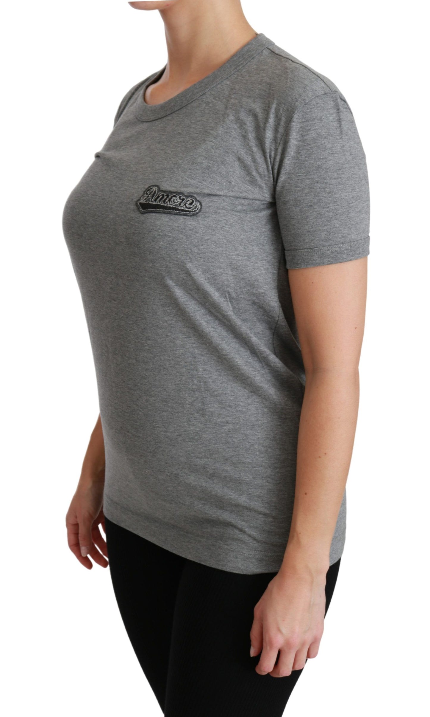 Dolce &amp; Gabbana – Graues T-Shirt aus Baumwolle mit Rundhalsausschnitt und Amore-Patch