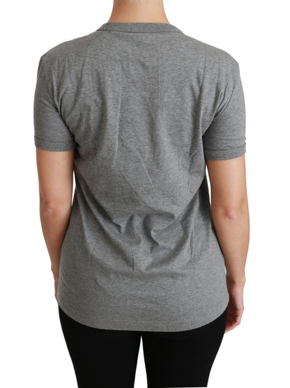 Dolce &amp; Gabbana – Graues T-Shirt aus Baumwolle mit Rundhalsausschnitt und Amore-Patch