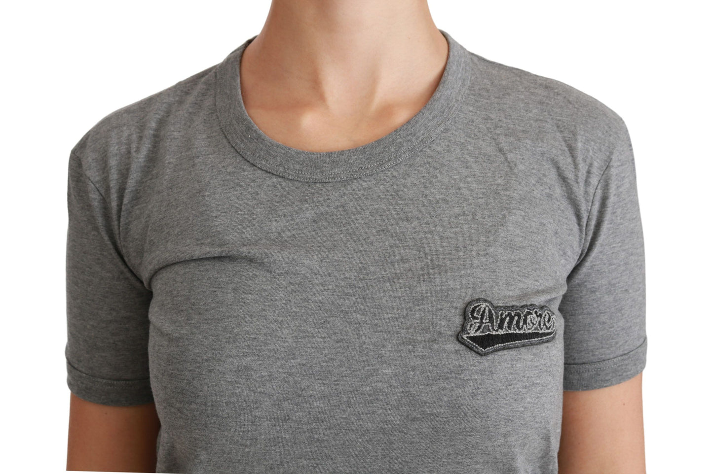 Dolce &amp; Gabbana – Graues T-Shirt aus Baumwolle mit Rundhalsausschnitt und Amore-Patch