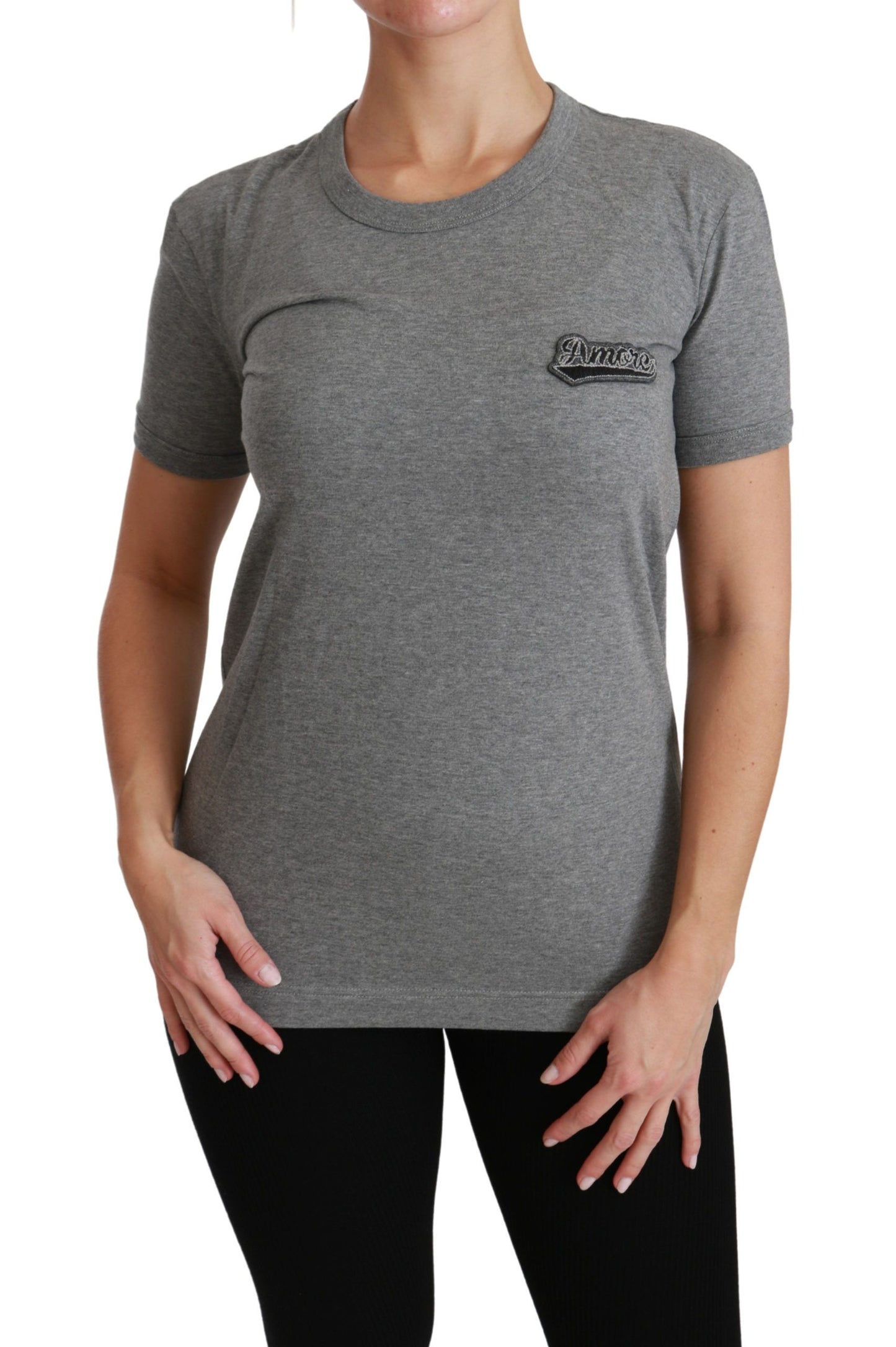 Dolce &amp; Gabbana – Graues T-Shirt aus Baumwolle mit Rundhalsausschnitt und Amore-Patch
