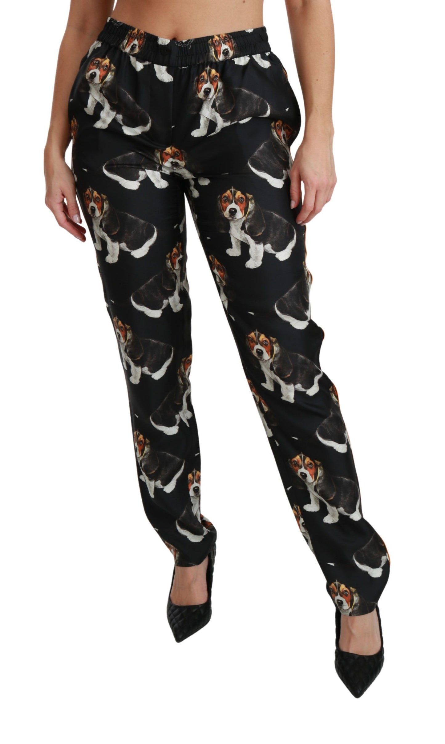 Dolce &amp; Gabbana Schwarze Skinny-Hose aus Seide mit mittelhohem Bund und Welpenmotiv