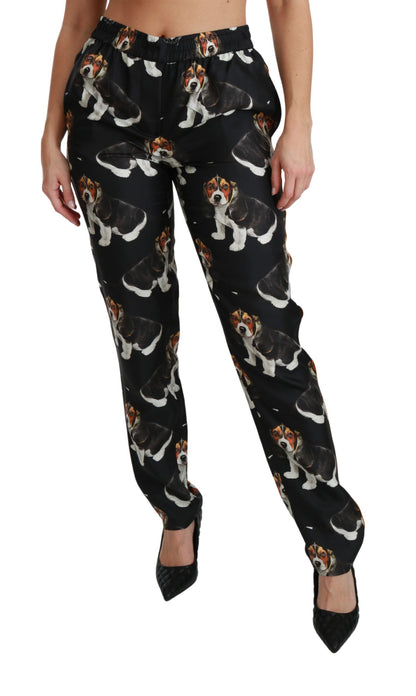 Dolce &amp; Gabbana Schwarze Skinny-Hose aus Seide mit mittelhohem Bund und Welpenmotiv