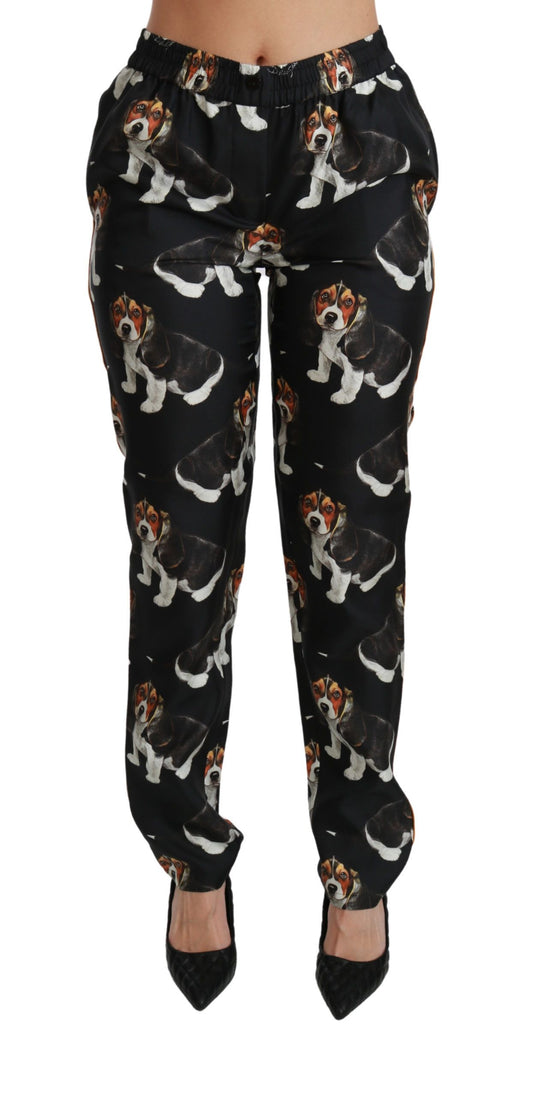Dolce &amp; Gabbana Schwarze Skinny-Hose aus Seide mit mittelhohem Bund und Welpenmotiv